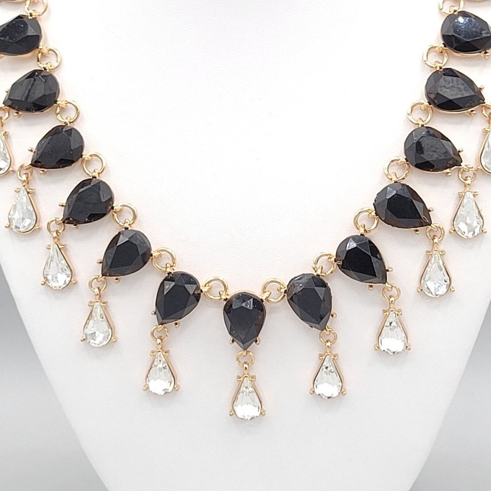 Womens Gold Tone Metal Black Clear Faceted Teardrop Crystal Necklace 19 in - Picture 2 of 9